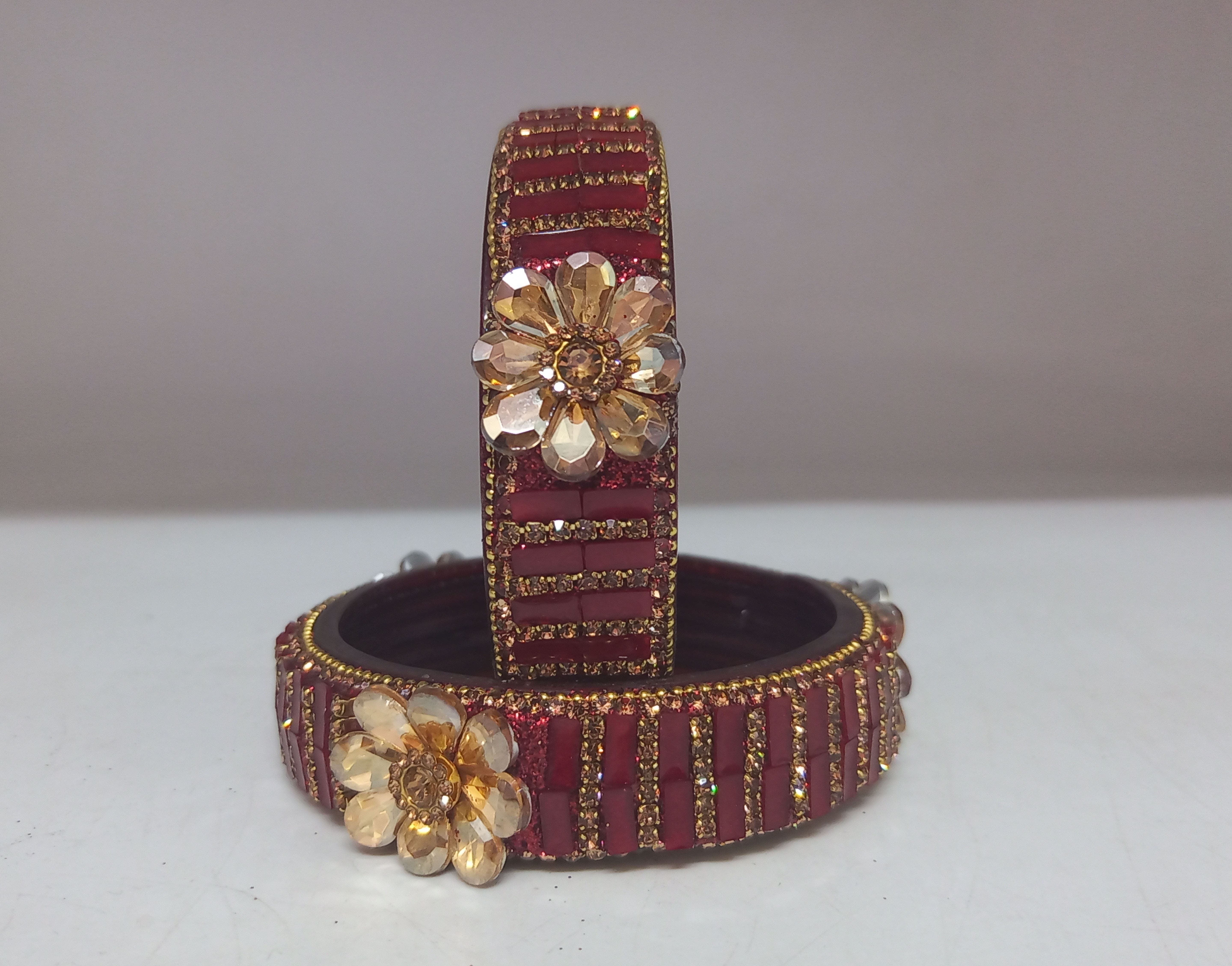 Fancy Maroon Color Flower Studded Design Glass Kada Bangles for Women & Girls