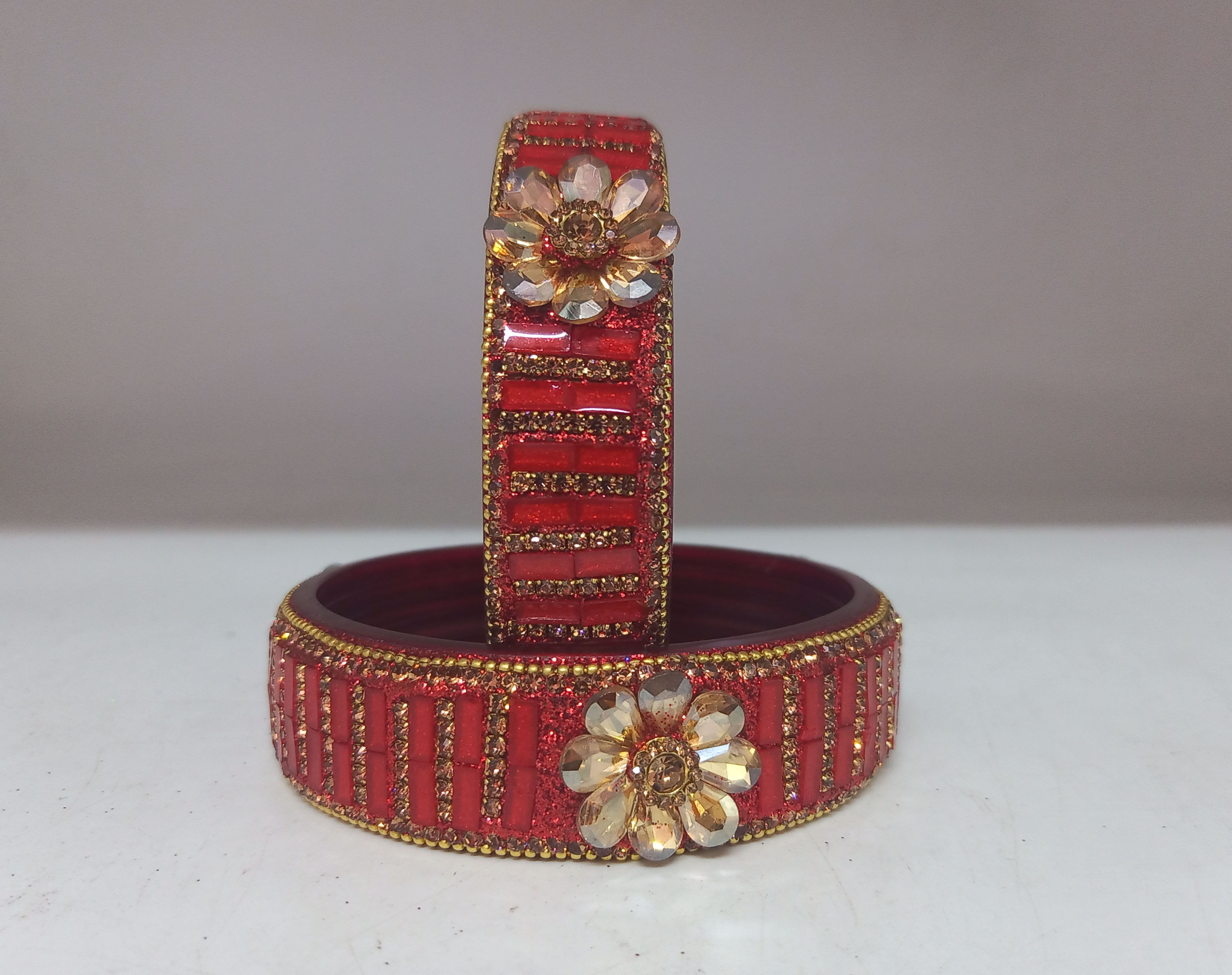 Fancy Red Color Stone Flower Studded Design Glass Kada Bangles for Women & Girls