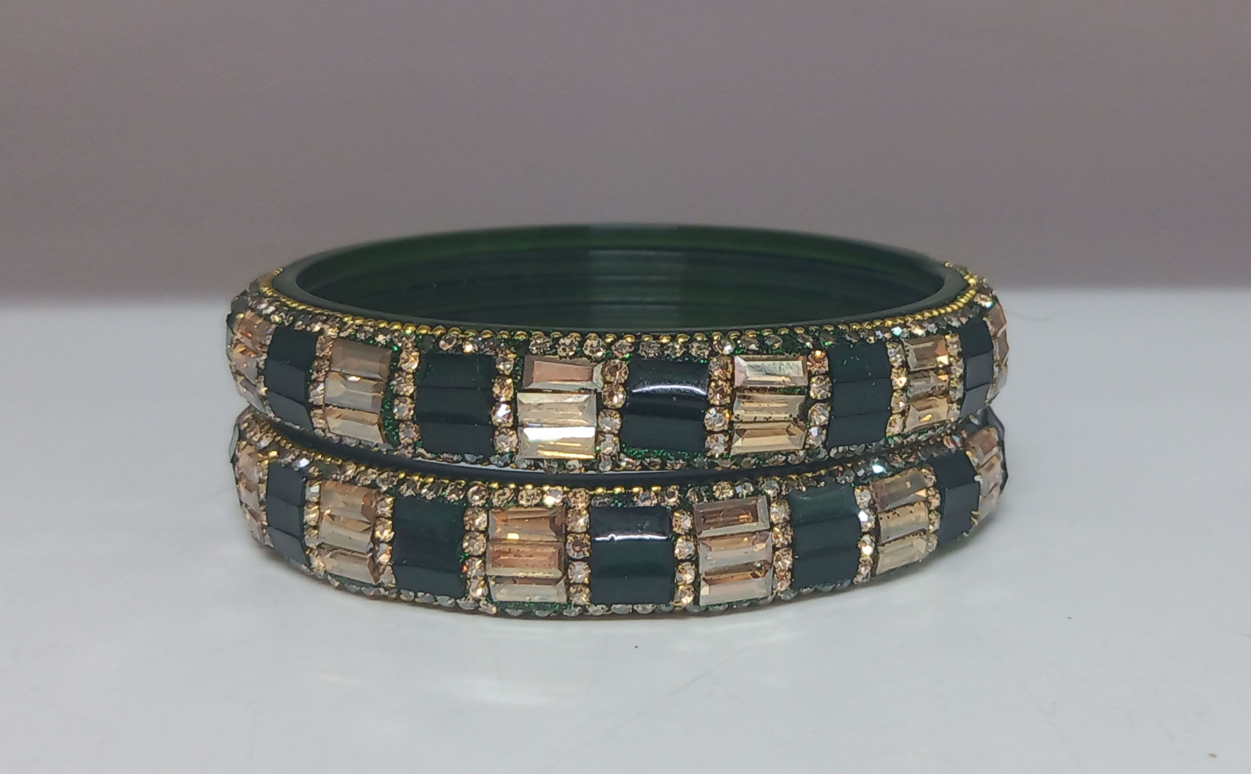 Fancy Dark Green Color Stone Studded Design Glass Kada Bangles for Women & Girls