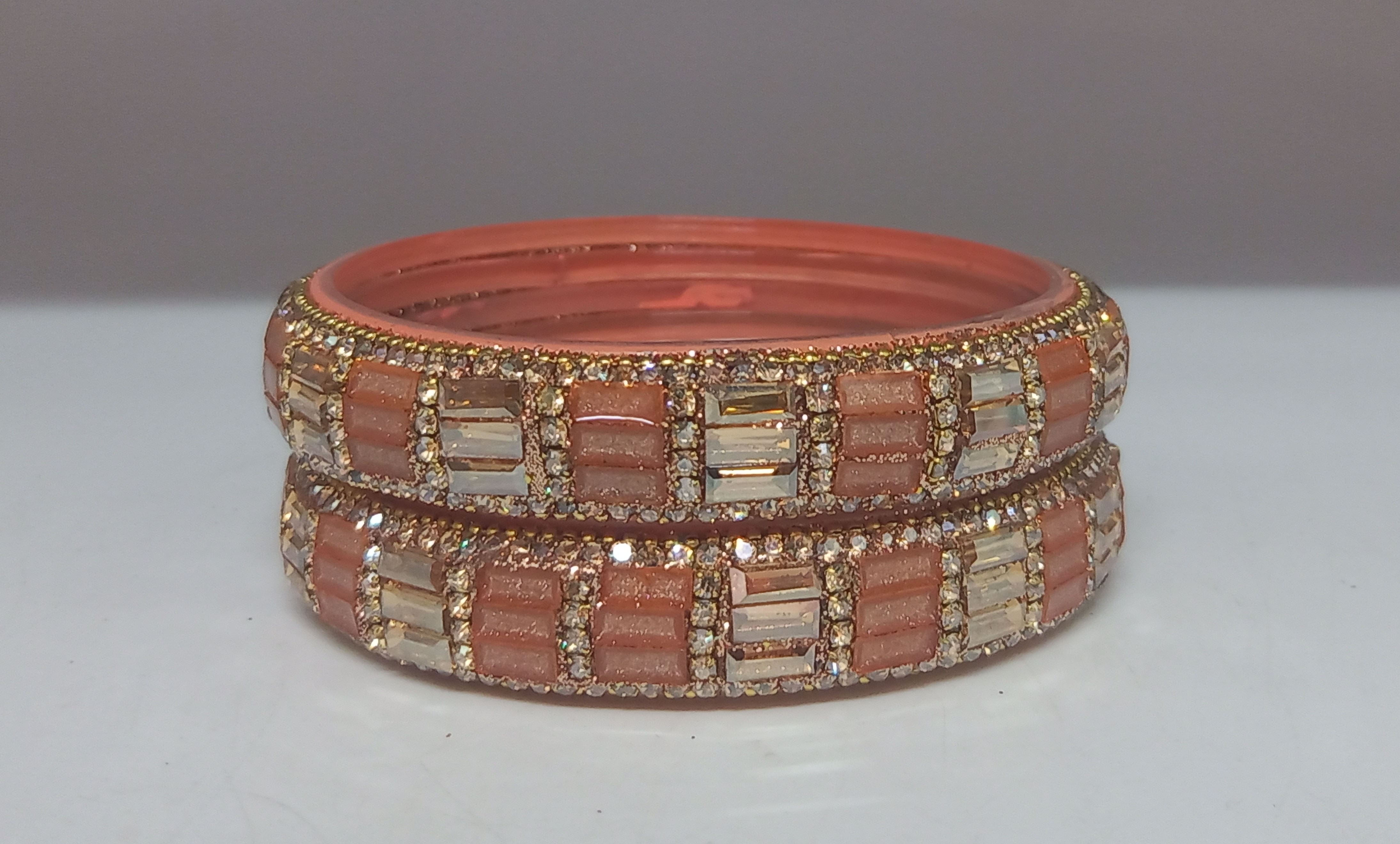 Fancy Peach Color Stone Studded Design Glass Kada Bangles for Women & Girls