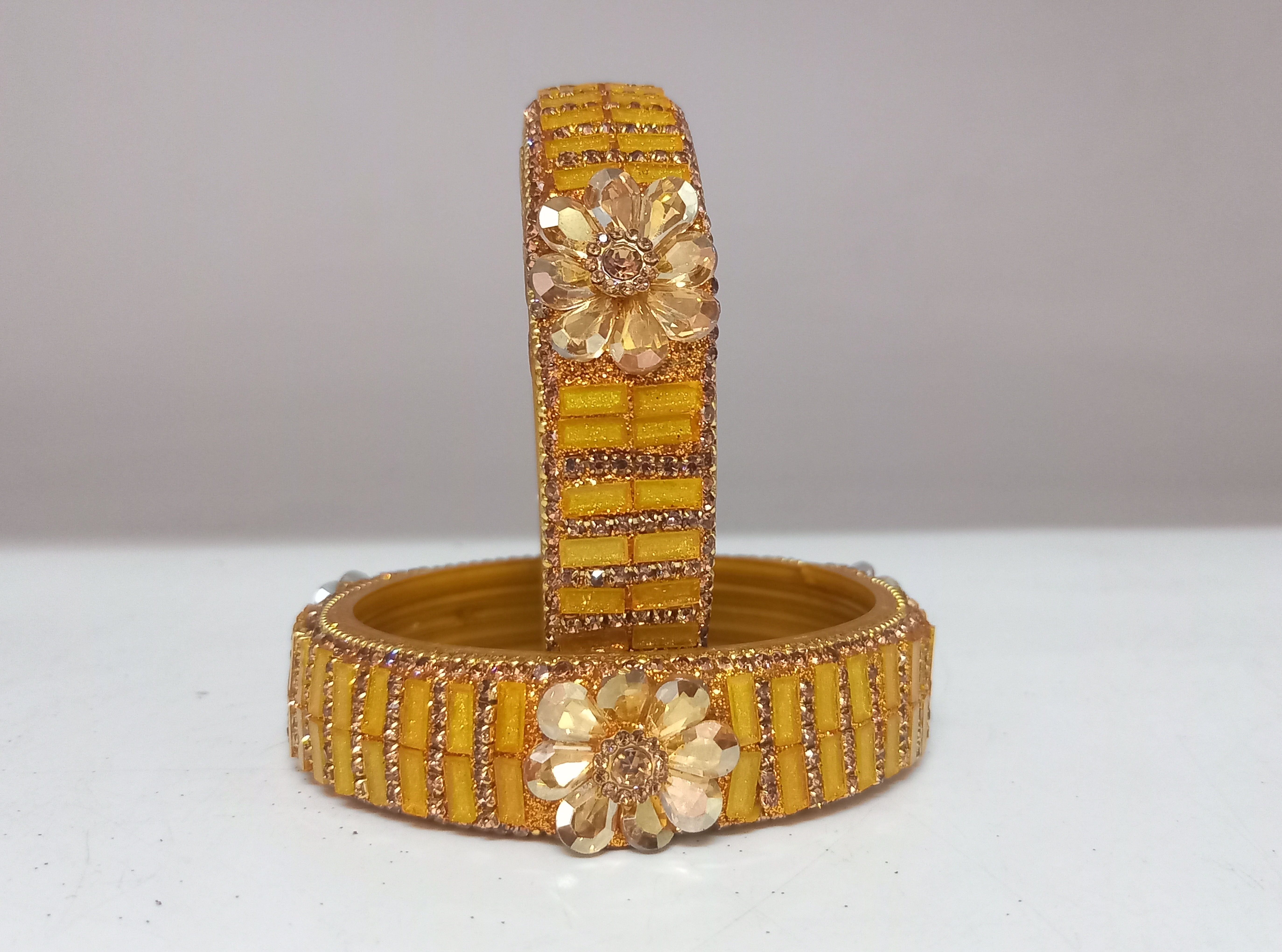 Fancy Yellow Color Stone Flower Studded Design Glass Kada Bangles for Women & Girls