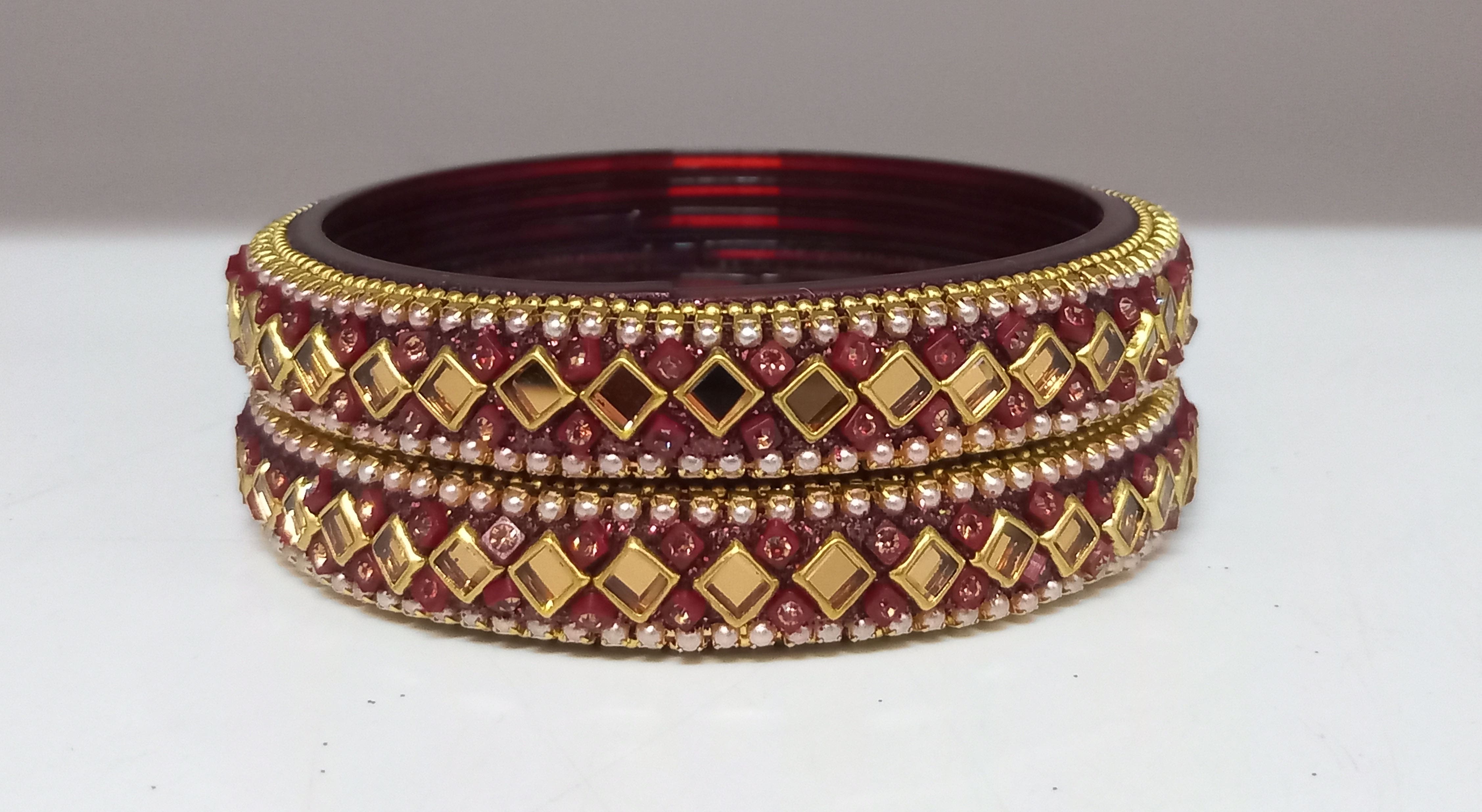 Fancy Maroon Color Pearl with Stone Studded Design Glass Kada Bangles for Women & Girls