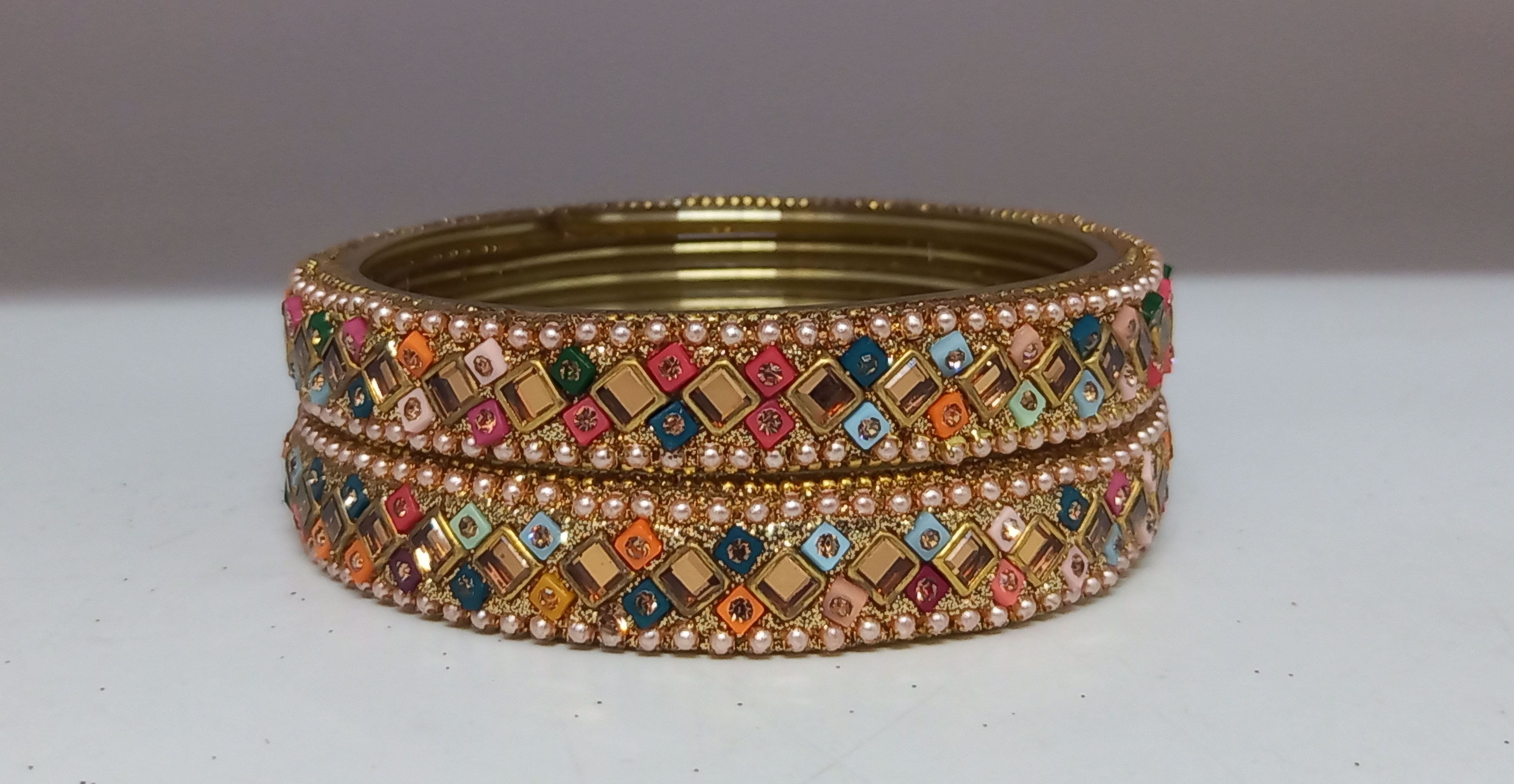 Fancy Multi Color Pearl with Stone Studded Design Glass Kada Bangles for Women & Girls