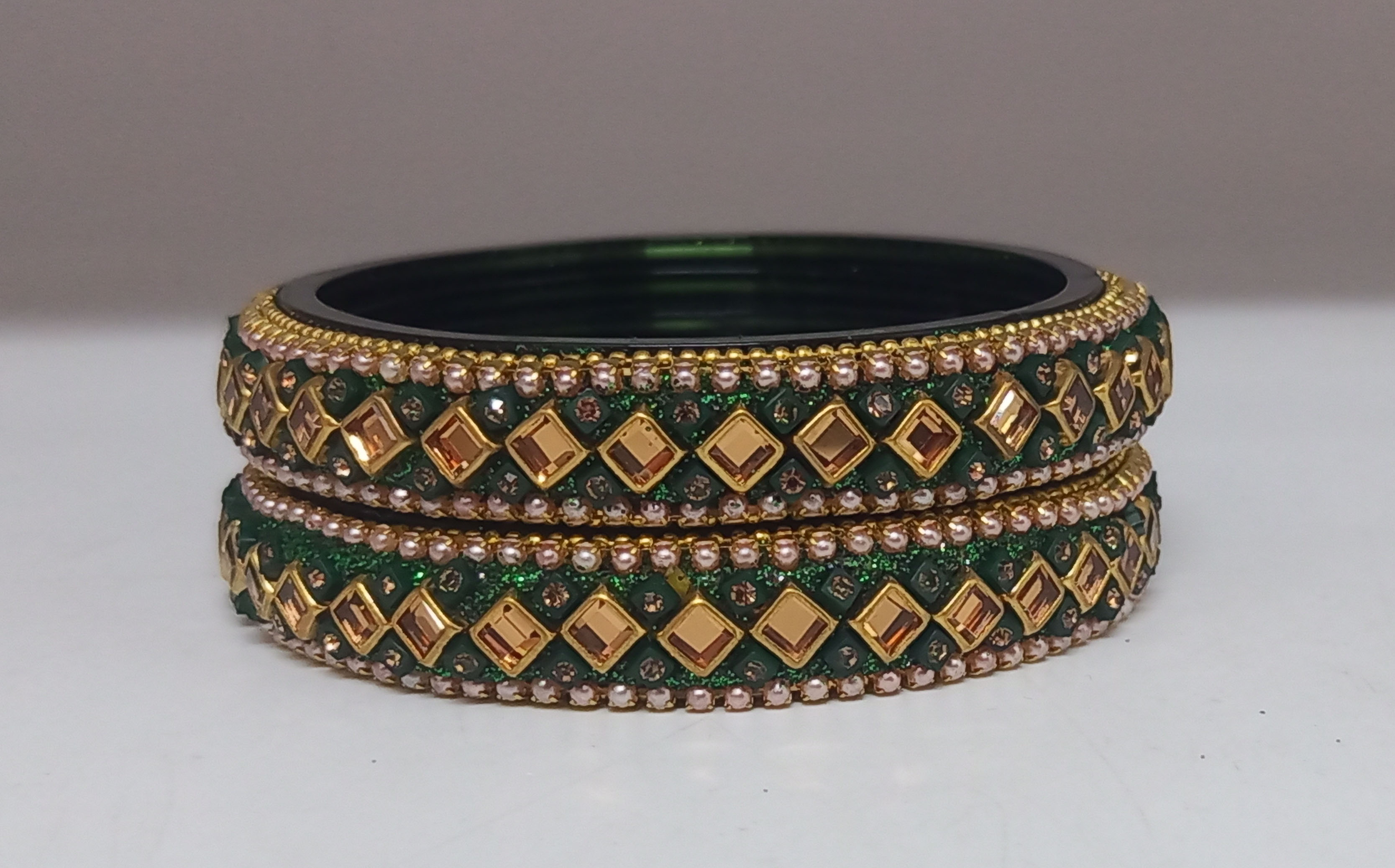 Fancy Dark Green Color Pearl with Stone Studded Design Glass Kada Bangles for Women & Girls