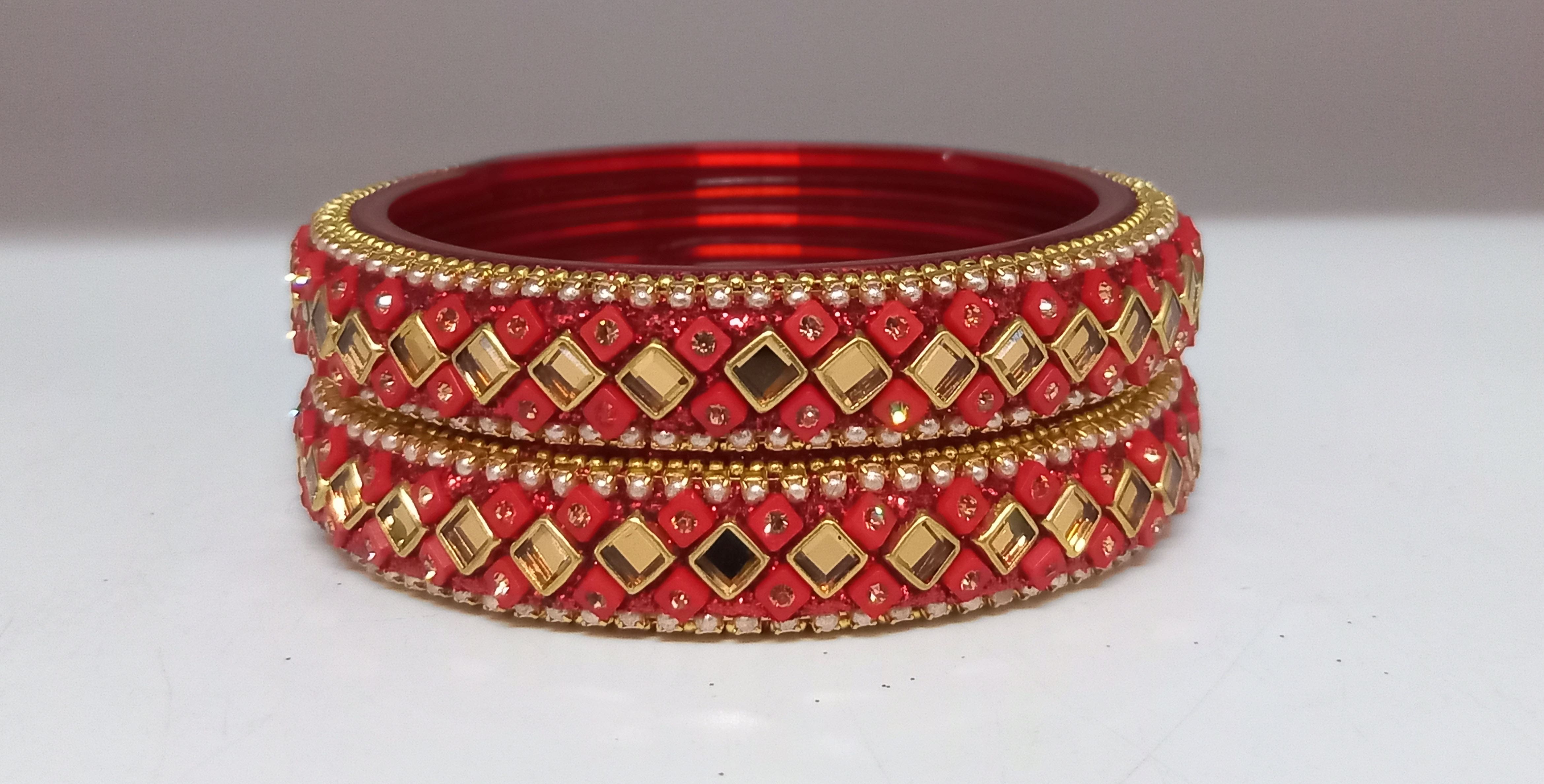 Fancy Red Color Pearl with Stone Studded Design Glass Kada Bangles for Women & Girls