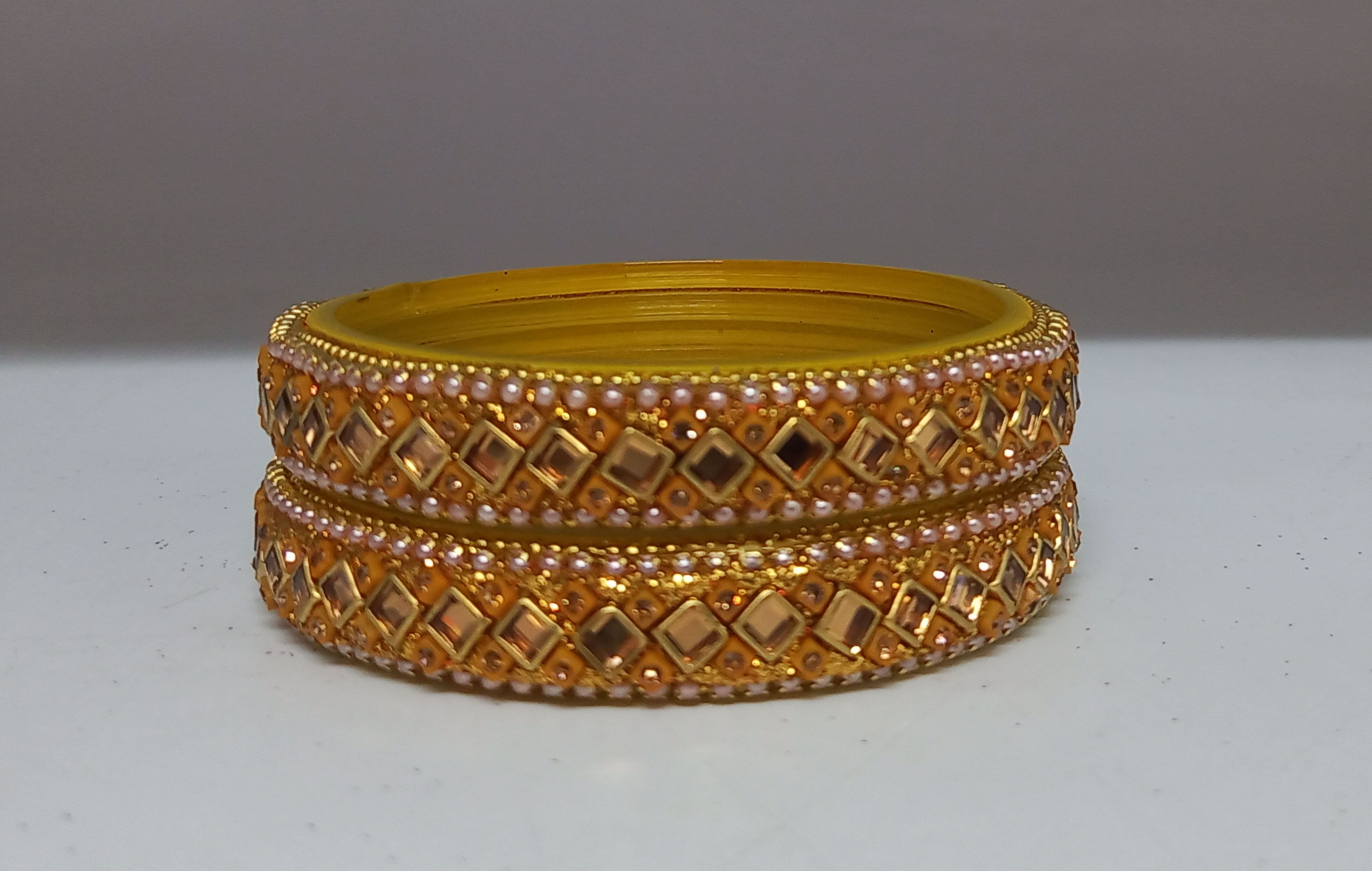 Fancy Yellow Color Pearl with Stone Studded Design Glass Kada Bangles for Women & Girls