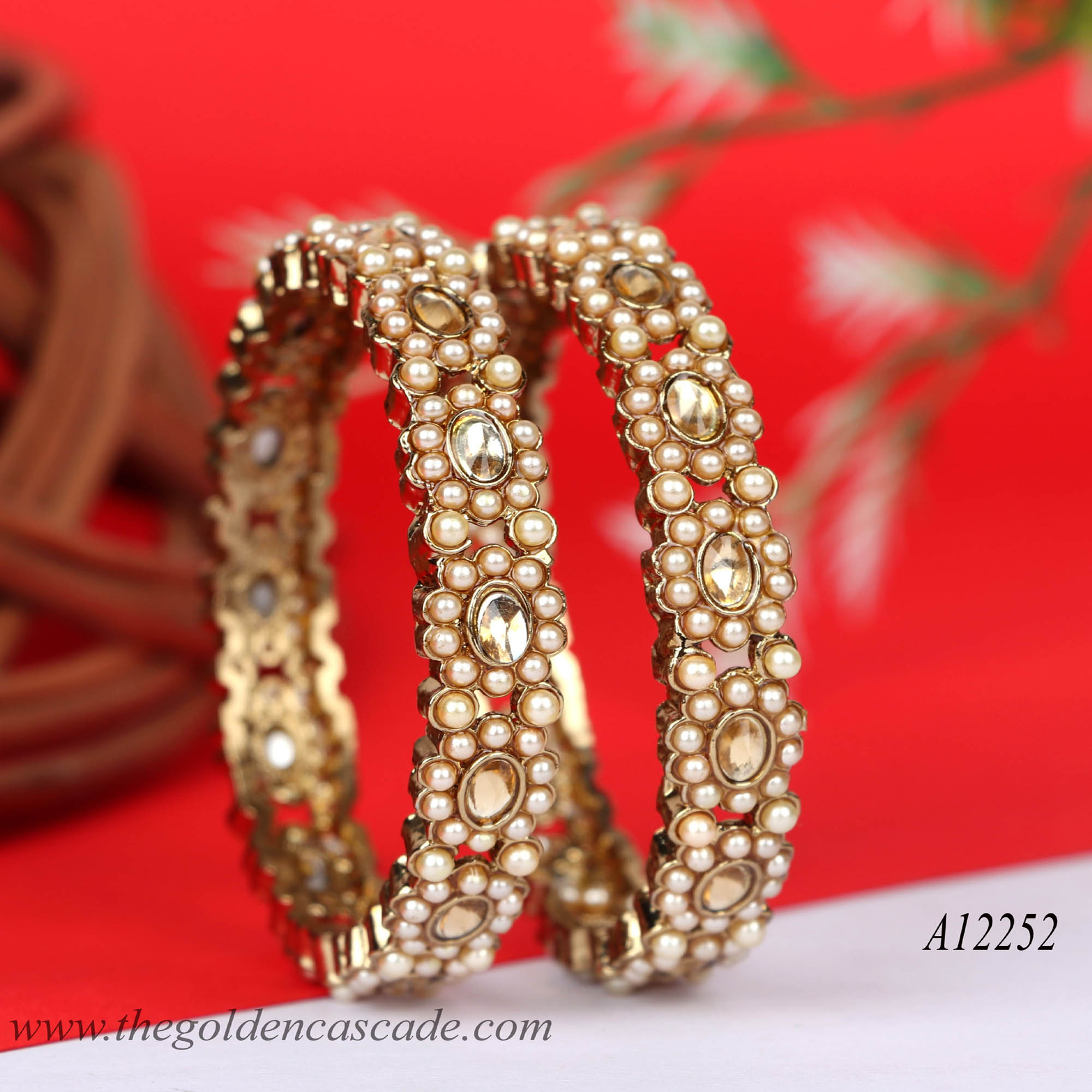 Beautiful Design Gold Plated with Pearl Stone Studded Metal Kada / Bracelet Jewelry for Women & Girls / (AD-12252)