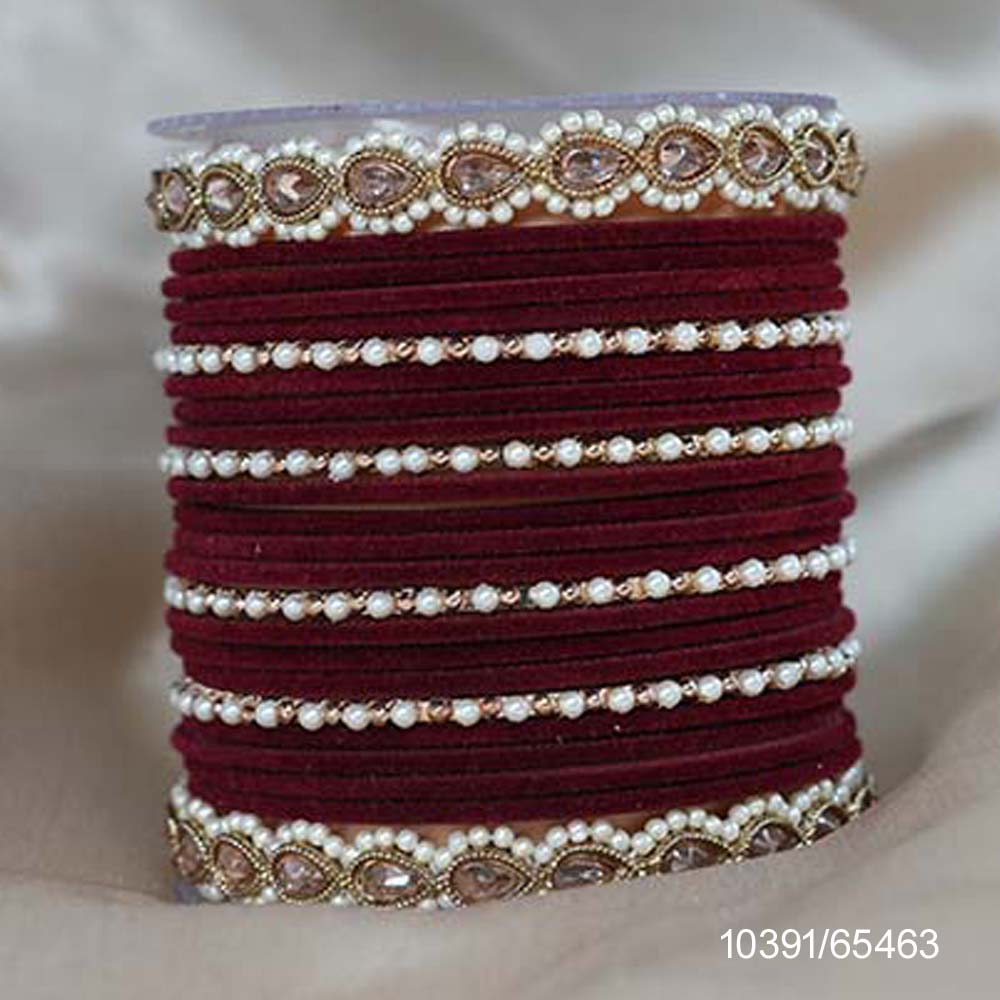 Fancy Design Maroon Color Velvet Customised Chuda Set with High Quality AD Stone Studded for Women & Girls