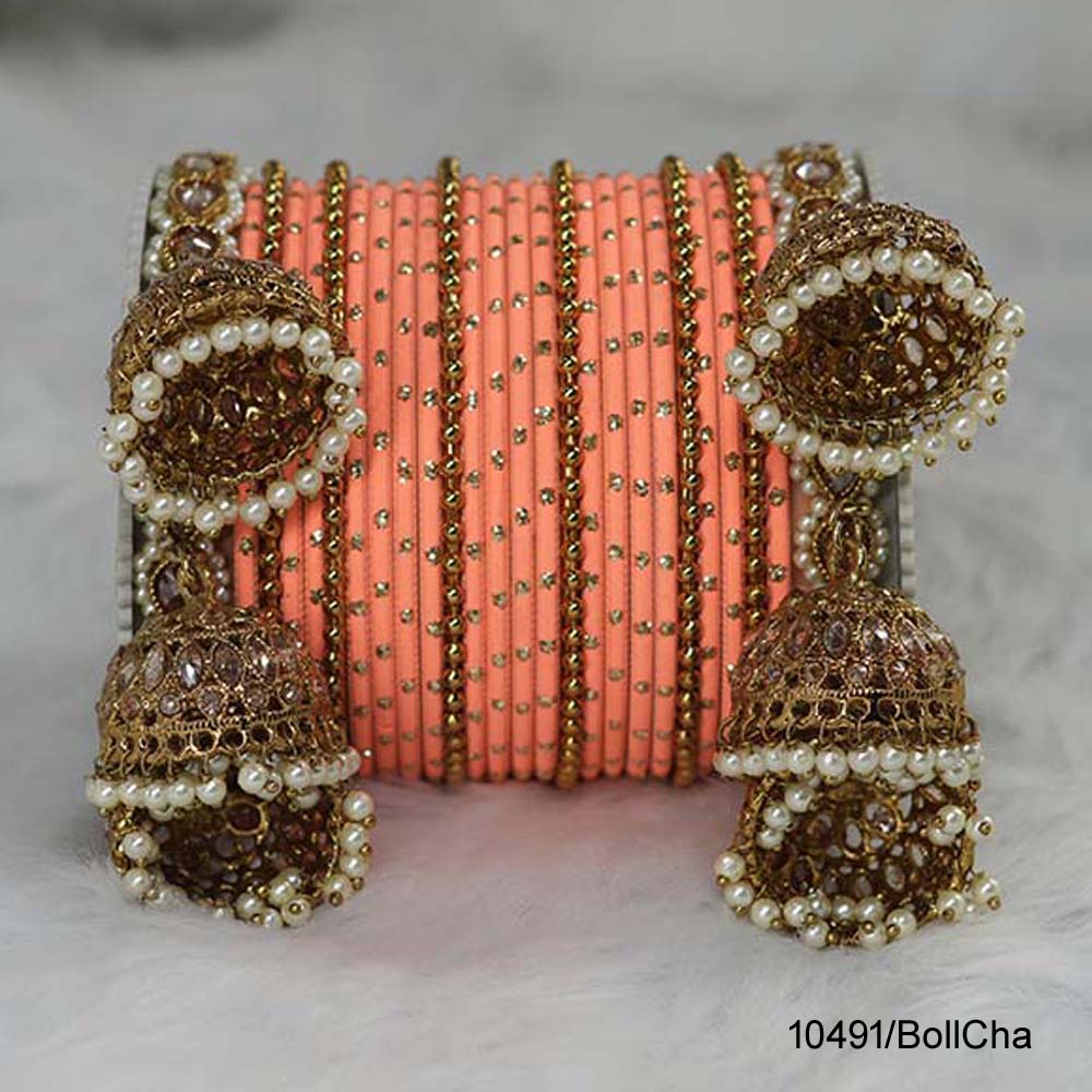 Fancy Design D Peach Color Dotted Customised Chuda Latkan Set with High Quality AD Stone Studded for Women & Girls