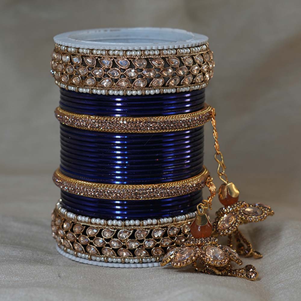 Fancy Design B Blue Color Glossy Customised Chuda Latkan Set with High Quality AD Stone Studded for Women & Girls