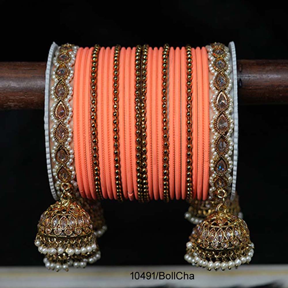 Fancy Design D Peach Color Plain Customised Chuda Latkan Set with High Quality AD Stone Studded for Women & Girls