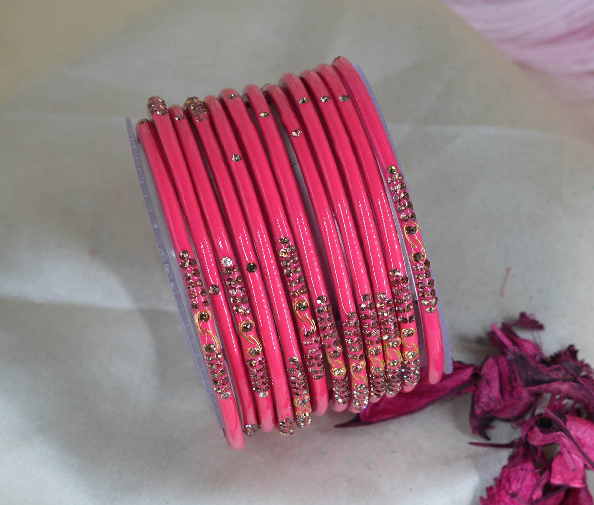 Beautiful Shining Gajari Color Glass Bangles with Studded Stone Design Chudi set for Women & Girls