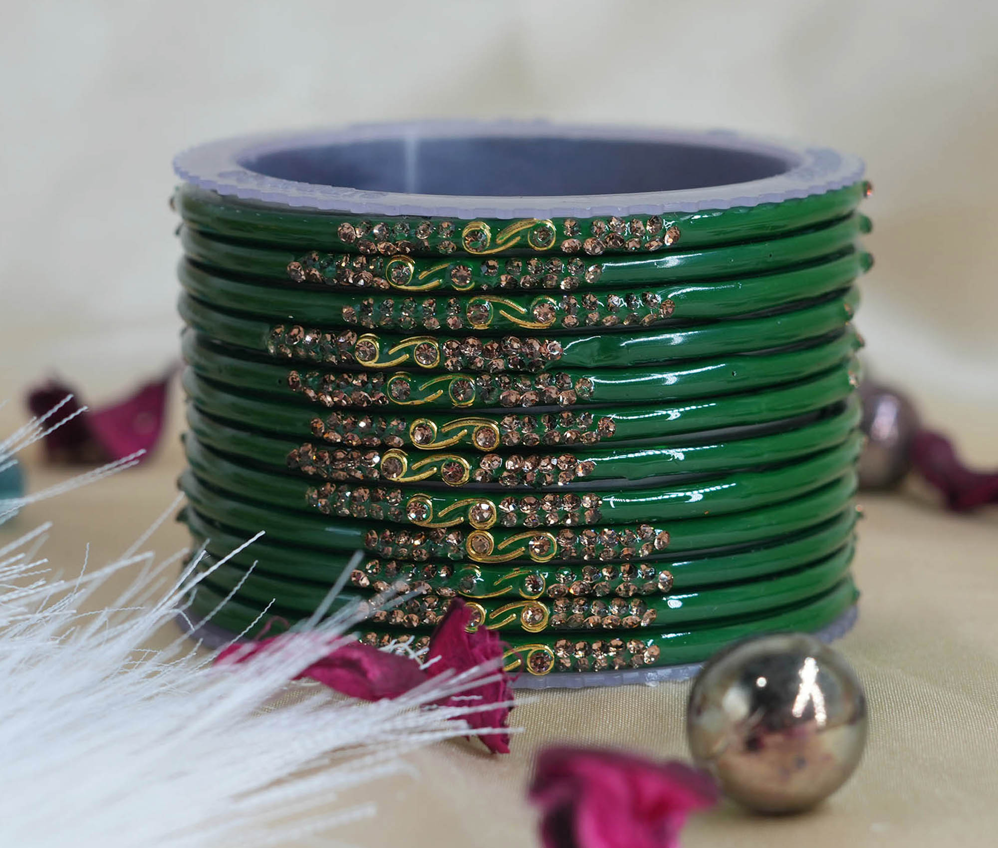 Fancy Shining Green Color Glass Bangles with Studded Stone Design Chudi set for Women & Girls