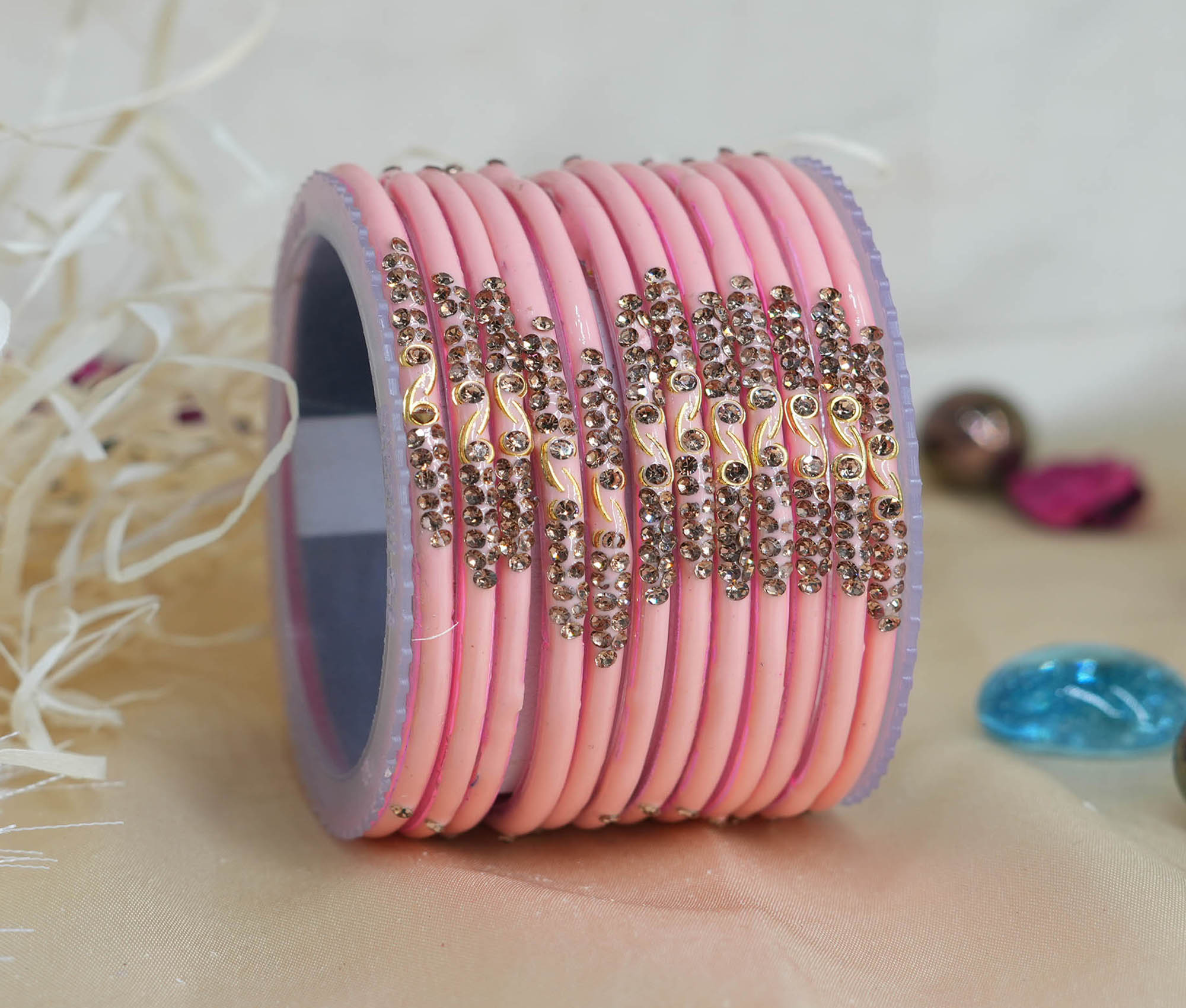 Peach Color Glass Bangles with Studded Stone Design Chudi set for Women & Girls