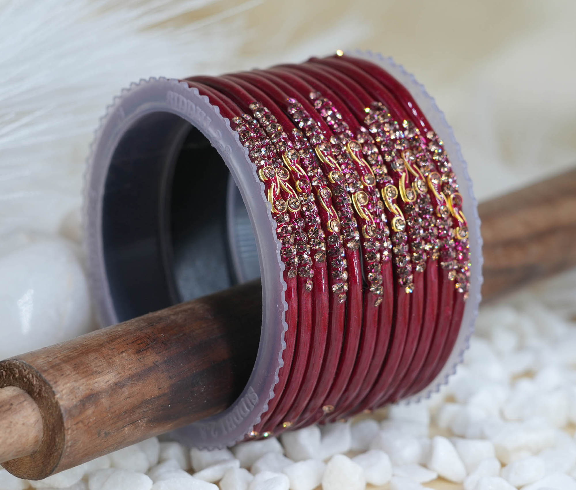 Maroon Color Glass Bangles with Studded Stone Design Chudi set for Women & Girls