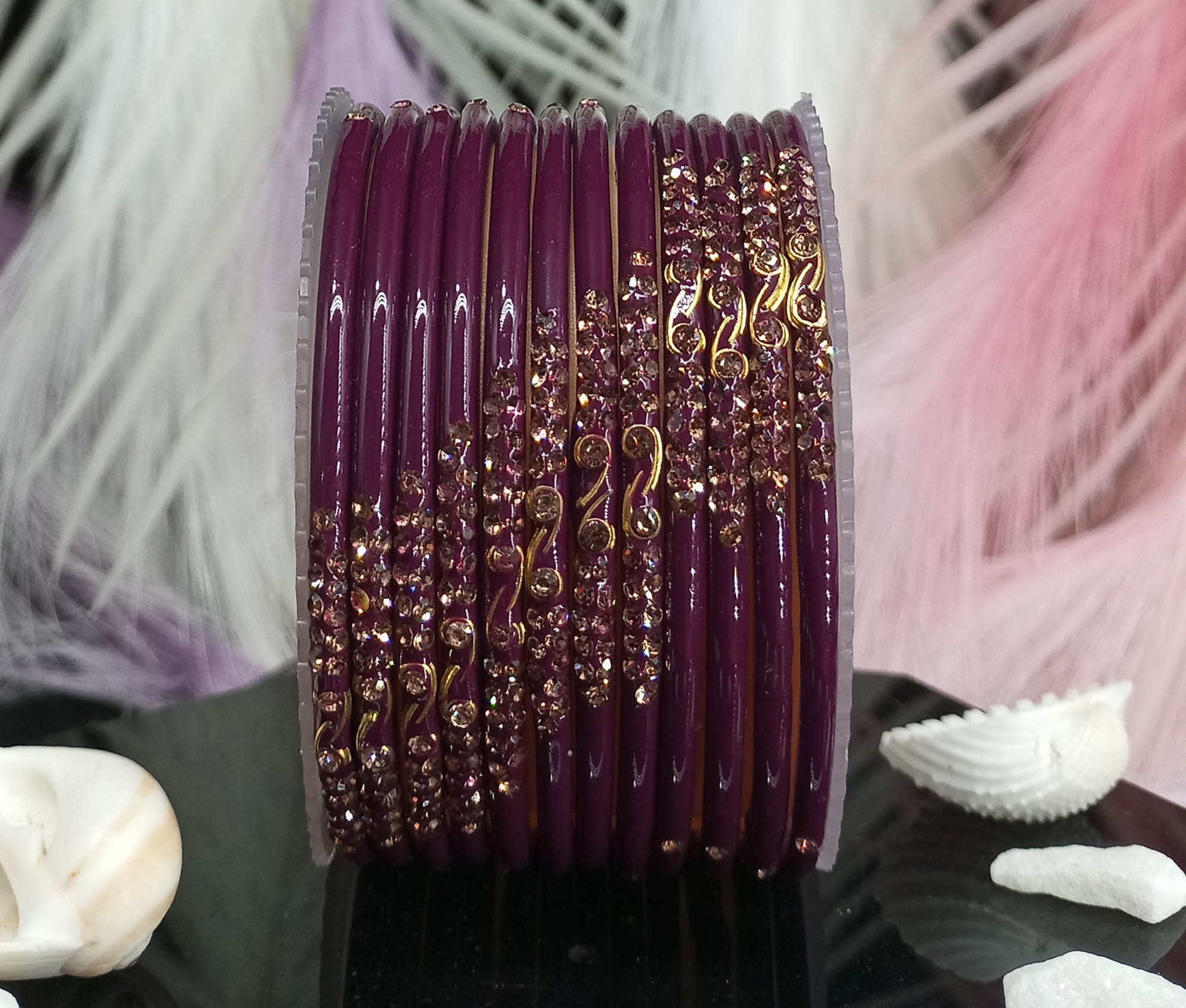 Mauve Color Glass Bangles with Studded Stone Design Chudi set for Women & Girls