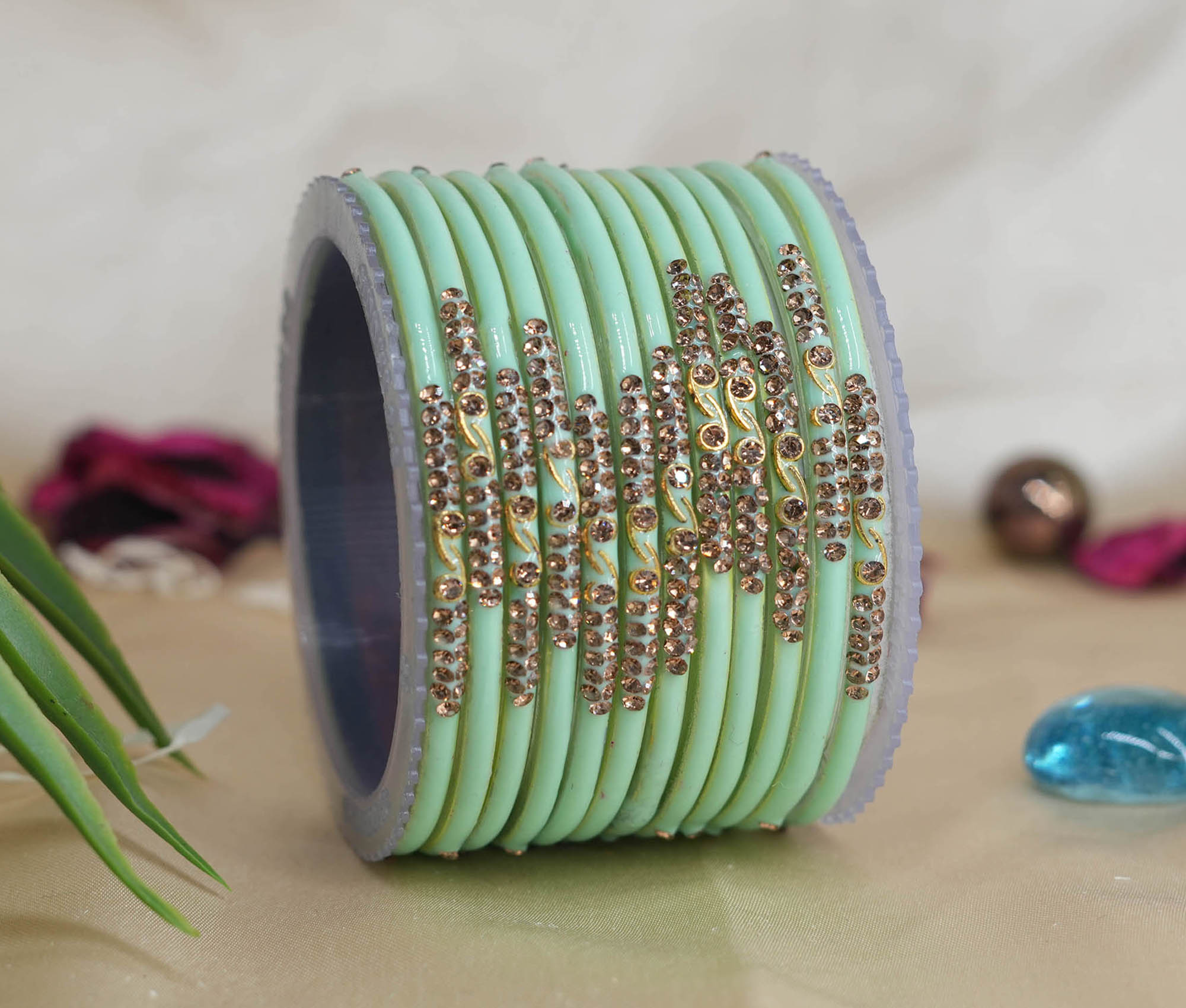 Pista Color Glass Bangles with Studded Stone Design Chudi set for Women & Girls